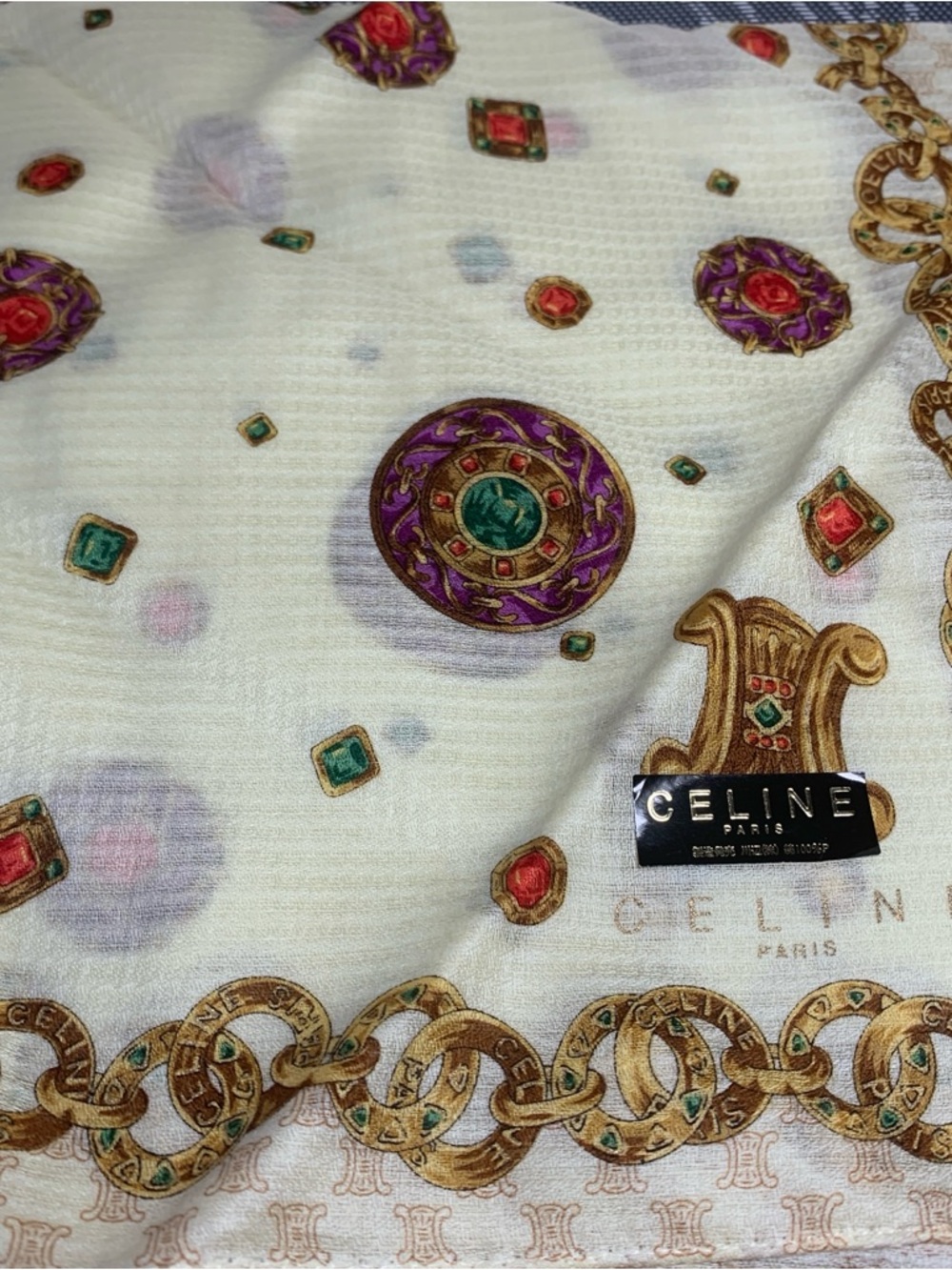 Celine is Yellow Mini Scarf with Purple, Green, Red and Gold Motif